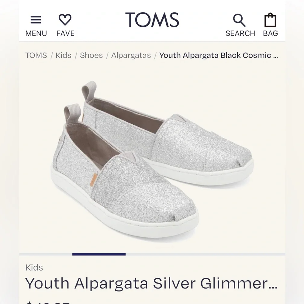 Brand New!! Toms! Glitter girl slip on shoes! 5Y! - Picture 1 of 3
